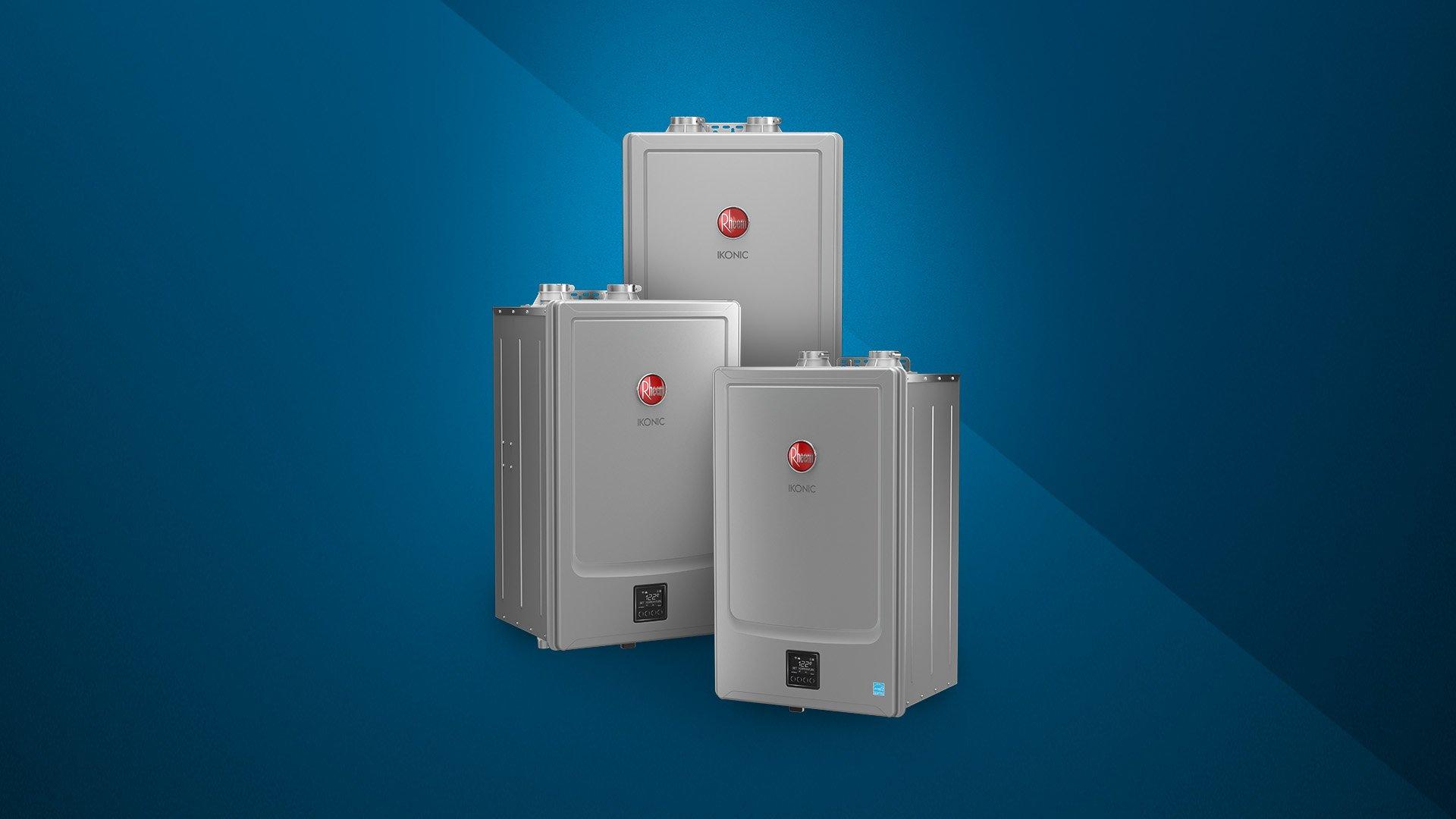 Two workers install water heater in residential home.